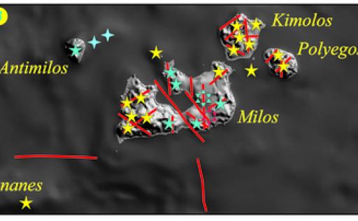 The volcanic field of Milos. Stars: terrestrial volcanic centres; Crosses: submarine volcaniccentres; Open stars: craters of hydrothermal eruptions. Yellow: &gt; 1,800,000 years old, Cyan: &lt;1,800,000 years, Red: &lt; 10,000 years. Red lines: main faults.