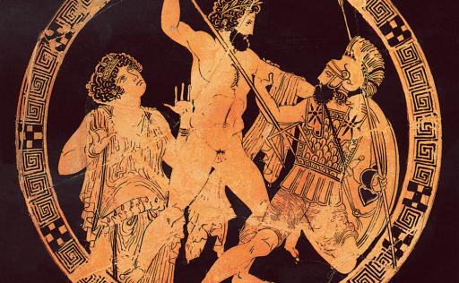 Εικόνα αγγείου της κλασικής αρχαιότητας που απεικονίζει τη μάχη μεταξύ Ποσειδώνα και Πολυβώτη, υπό το βλέμμα της μητέρας Γης.